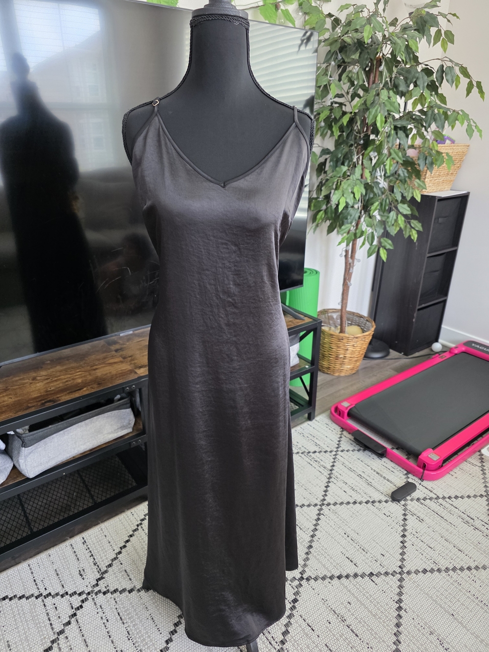 Calvin Klein Black Satin Slip Dress with V-Neck